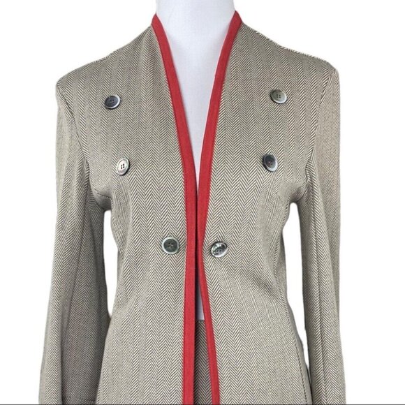 Jonano Women’s Tan Herringbone Modern Long Jacket Skirt Suit Set M/C38/W31 - Picture 2 of 9